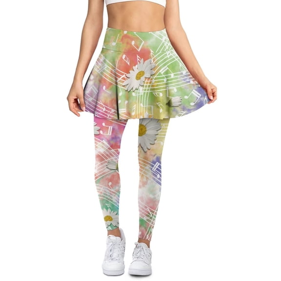 FUIALDOLG Women's Rainbow Tie Dye Skirted Leggings with Pockets Musical Notes Leggings for Yoga Lady High Waist Tennis Legging with Skirt Golf Pleated Skirts Golf Clothing Music Teacher Outfits