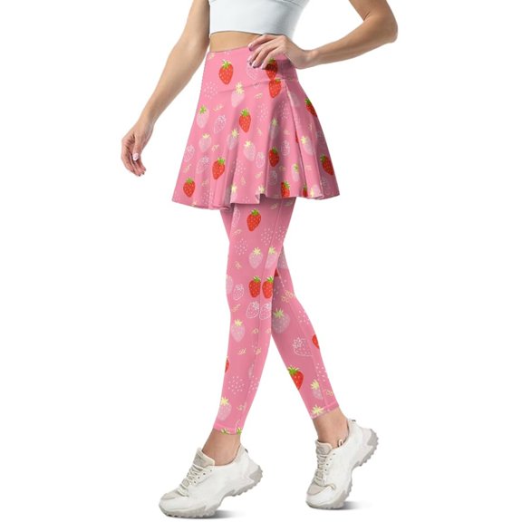 FUIALDOLG Women's Tennis Skirted Legging Pink Strawberry Athletic Skirt with Leggings Yoga Pants with Pocket Pluse Size Tummy Control Workout Pants for Cycling,Running,Size XL