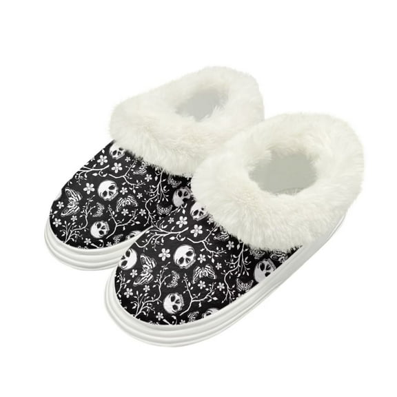 FUIALDOLG Women's White Skull Floral Print Fuzzy Slippers Thick Sole House Slippers for Women Indoor Warm House Bedroom Shoes, Size 9-10
