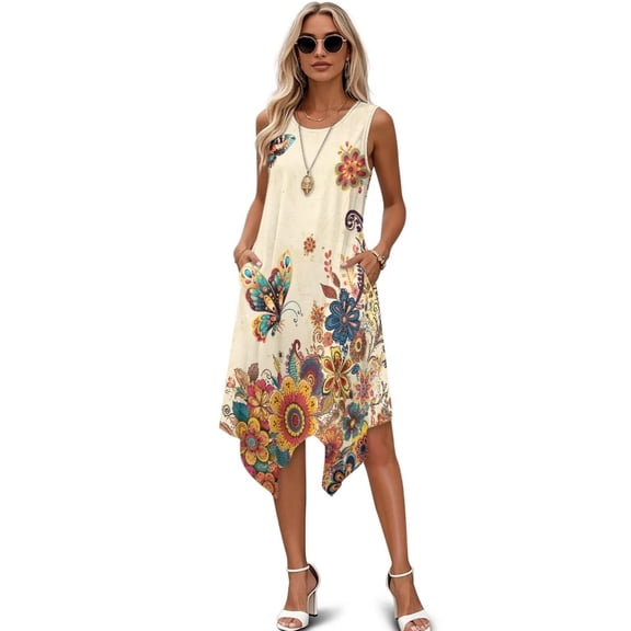 FUIALDOLG Womens Bohemian Flower Dresses for Women Lady Boho Butterfly Asymmetric Dress Lady A-Line Flowy Pleated Midi Dress Tank Dresses for Vacation,Cocktail Party Valentines Day,4XL