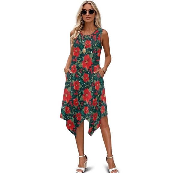 FUIALDOLG Womens Christmas Dresses Casual Long Tank Dress with Pocket Red Poinsettia Floral Dress Xmas Skirt Irregular Hem Asymmetric Dress,S