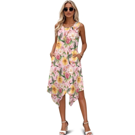 FUIALDOLG Womens Hummingbirds Floral Dresses SummerSleeveless Dress Midi Swing Tank Sun Dress Asymmetric Beach Long Dresses with Pocket,5XL