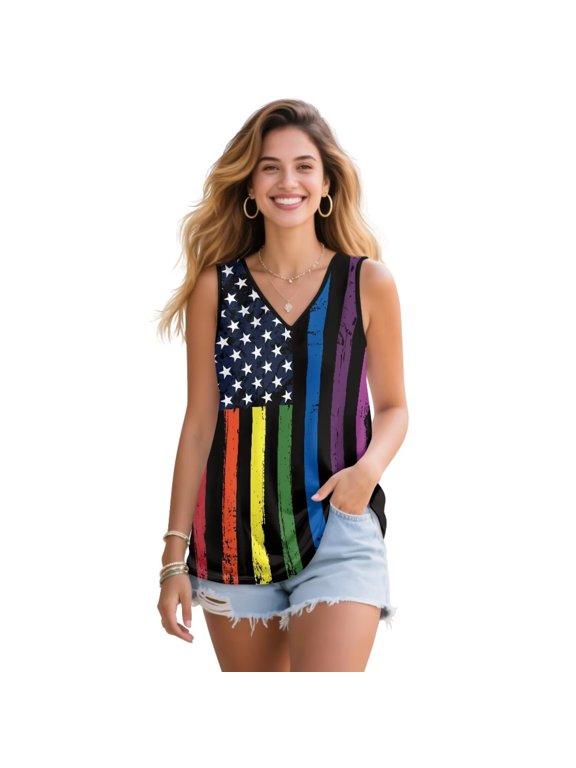 Womens LGBT Pride Flag Rainbow Stripes Tank Tops Summer Outfits Womens Sleeveless V Neck Tshirt Lightweight Soft Basic Tee Loose Fit Blouse Workout Vest Trendy Tops,3XL