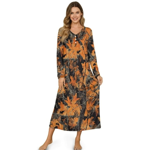 FUIALDOLG Womens Long Sleeve Nightgowns Button Down Orange Camo Hunting Print Loose Long Sleep Shirts Warm Night Shirts Full Length Nightgown Sleepwear, 4XL