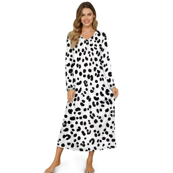 FUIALDOLG Womens Long Sleeve Nightgowns Button Down White Leopard Print Loose Full Length House Dress Warm Night Shirts Comfy Nightgown Sleepwear, Small