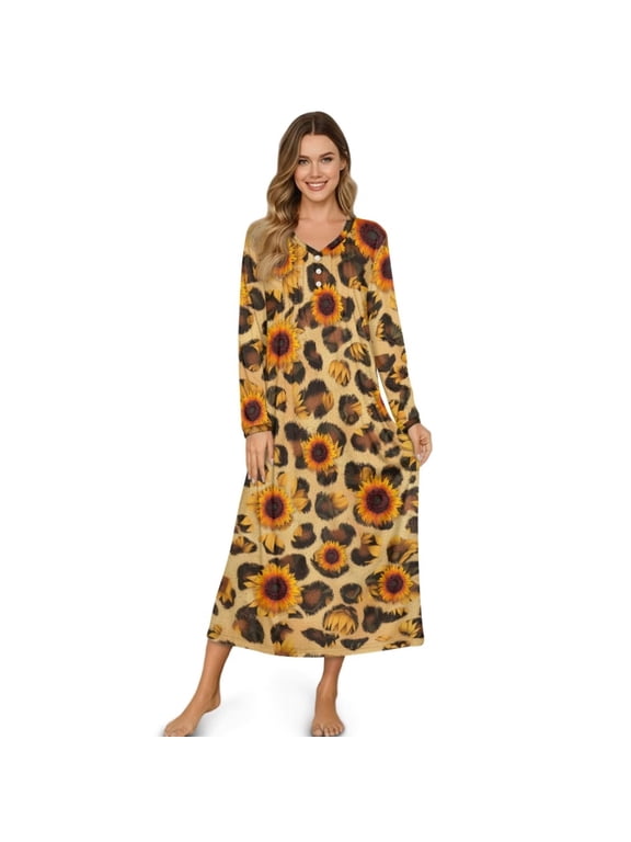 Womens Long Sleeve Nightgowns Button Down Yellow Sunflower Leopard Print Loose Long Sleep Shirts Warm Night Shirts Full Length Nightgown Sleepwear, Small