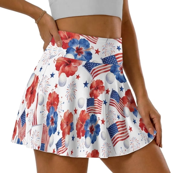 FUIALDOLG Womens Mini Golf Skirt with Shorts Red Flower American Flag Athletic Skort with Pocket Soft Tennis Skirt US 250th Anniversary Flag Active Skort for Casual,L