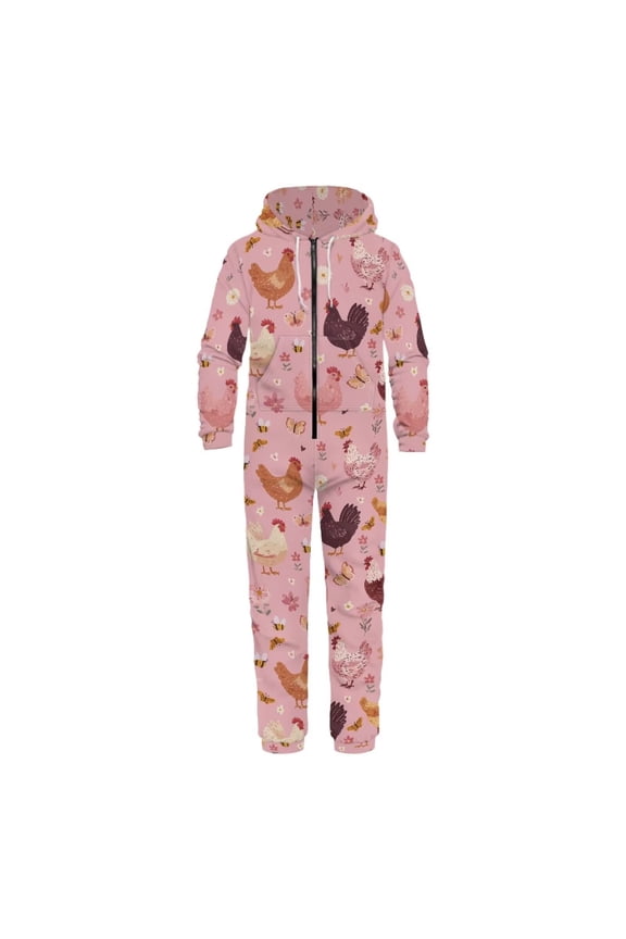 Womens Novelty One-Piece Pajamas Pink Chicken Rooster Print Onesie Pajamas for Women Men Halloween Party Casual Cosplay Costumes Zipper Sleepwear, Size 4XL