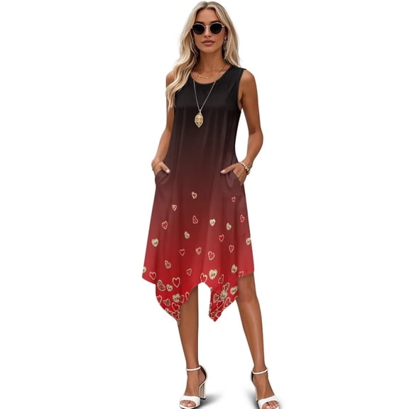 FUIALDOLG Womens Red Love Hearts Pattern Pattern Dress Summer Midi Dress Loose Fit Womens Sleeveless Midi Dresses Comfort Lady Casual T-shirt Dresses with Pocket Bikini Coverups,XL