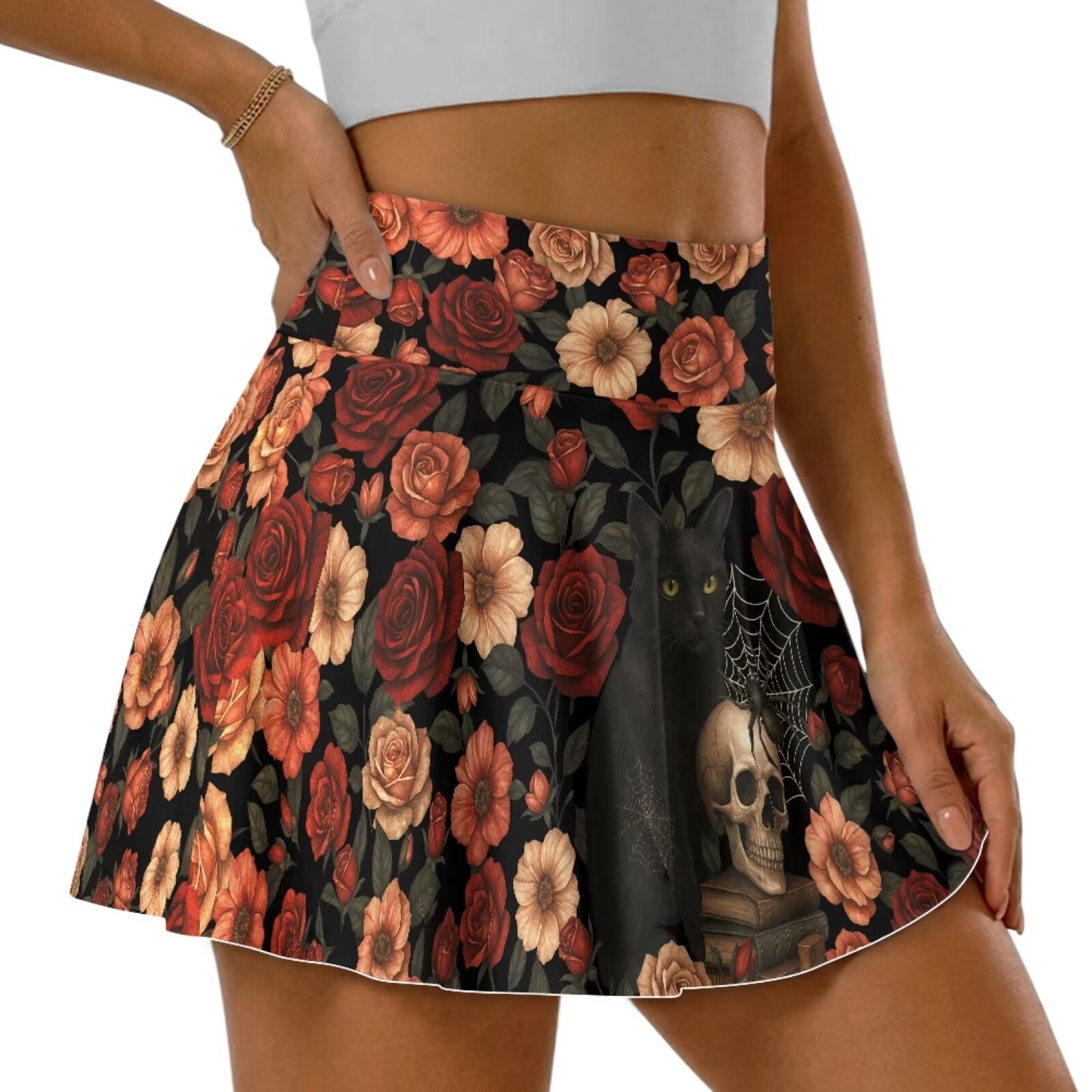 FUIALDOLG Womens Red Rose Skull Skorts High Waisted Golf Skirt Skeleton ...