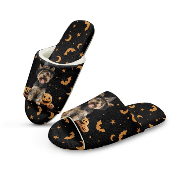 FUIALDOLG Womens Slippers Halloween Yorkshire Terrier Print Open Toe House Slippers for Women Men Arch Support Indooor Bedroom Shoes, Size 7.5-8.5