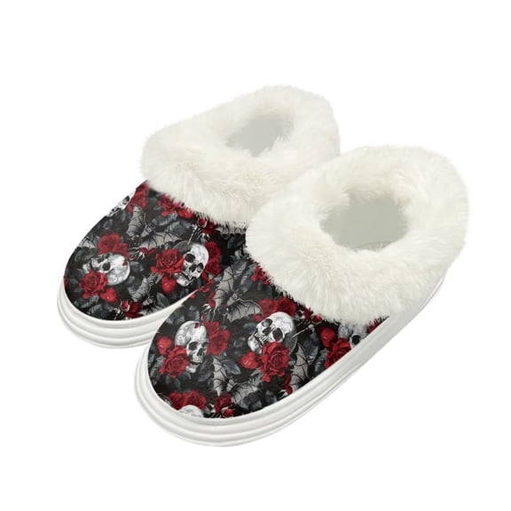 FUIALDOLG Womens Slippers Skull Rose Bats Print Fuzzy Slippers for Women Indoor Fluffy Plush House Shoes for Ladies Bedroom Shoes, Size 9-10