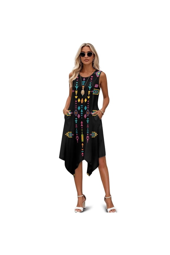 Womens Southwestern Tribal Aztec Dress Summer Sleeveless Sundress Lady Irregular Hem Sundress with Pocket Beach Vacation Clothing Loose Fit Tshirt Dresses,4XL