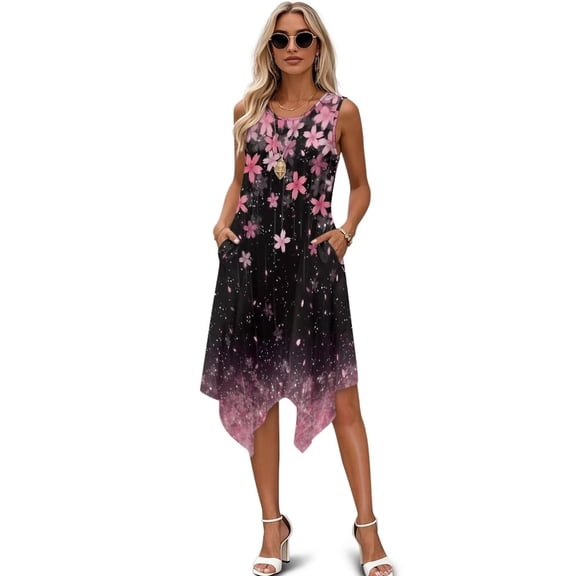 FUIALDOLG Womens Summer Dress Pink Cherry Blossom Floral Dresses Womens Sleeveless Midi Dress Womens Hankerchief Dress Loose Fit Comfort Lady Casual T-shirt Skirt Bikini Coverups,M