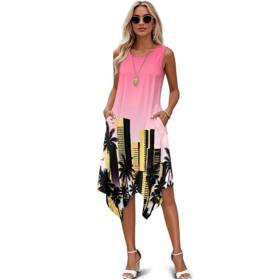 FUIALDOLG Womens Summer Pink Dress Building Pattern Dress with Palm Tree Y2K Clothing Womens Handkerchief Skirt Festival Party Midi Sundress Irregular Hem Skirt,L