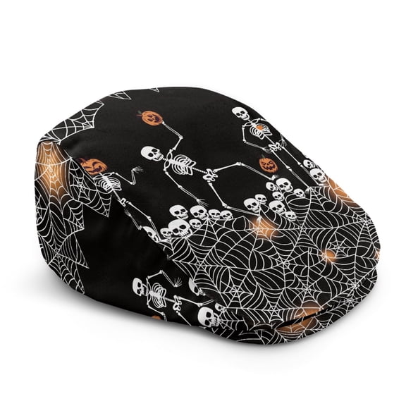 FUIALDOLG Wrinkle-Resistant Newsboy Hat, Halloween Skeleton Pumpkin Polyester Lightweight Adjustable Flat Cap for Summer Walking Hiking