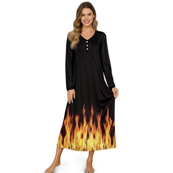 FUIALDOLG Yellow Fire Print Nightgowns for Women Soft Long Sleeve Sleep Shirt Womens Loose Sleepwear Comfy Loungewear Plus Size Nightshirts, 2X Large