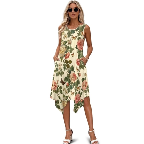FUIALDOLG Yellow Lemon Women's Sleeveless Beach Dress Trendy Pleated Sundress Round Neck Asymmetric Dresses Christmas Dresses for Xmas Party New Year,S