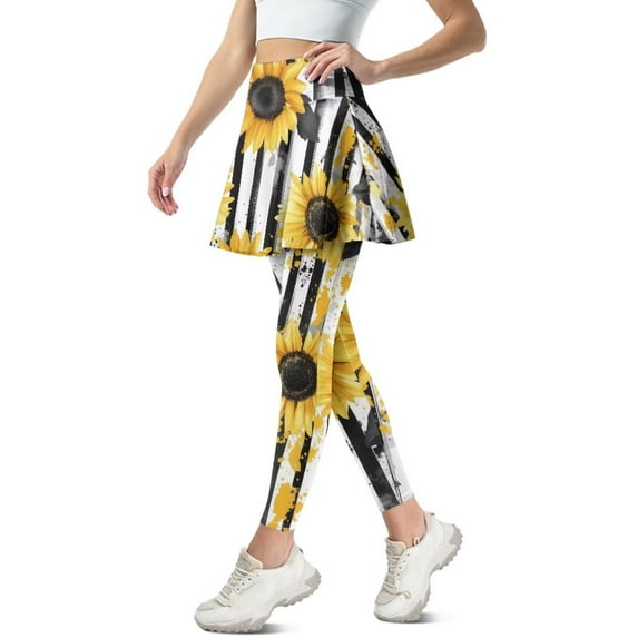 FUIALDOLG Yellow Sunflower Tennis Skirted Leggings for Women Black Stripes Floral Leggings with Skirt Golf Pants High Waist Yoga Pants with Pocket Tummy Control Workout Trousers Athletic Clothing,S
