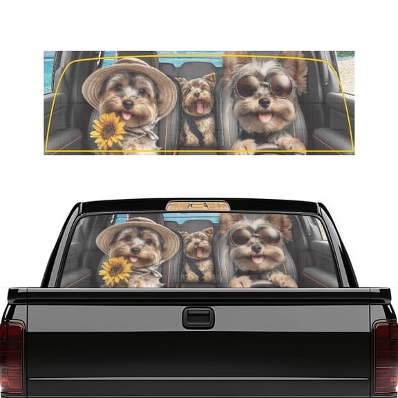 FUIALDOLG Yorkshire Dog Crew One Way Vision Rear Window Graphics Perforated UV Waterproof Back Window Decal for Pickup SUV Trucks, Privacy Film