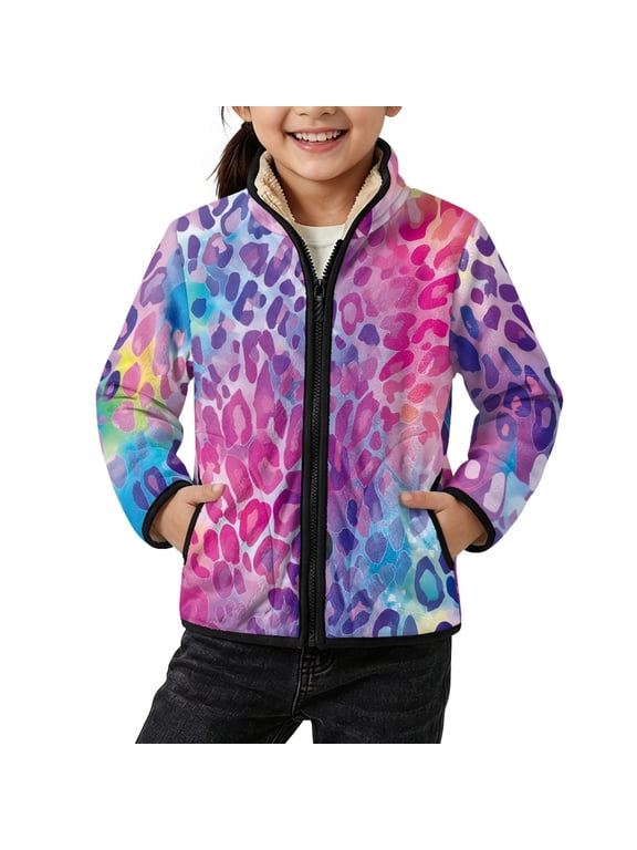 Zip up Fleece Jacket Rainbow Leopard Design, Polyester Coat Outerwear for Outdoor Winter Machine Washable Girls' Polar Fleece Full-Zip Mock Jacket