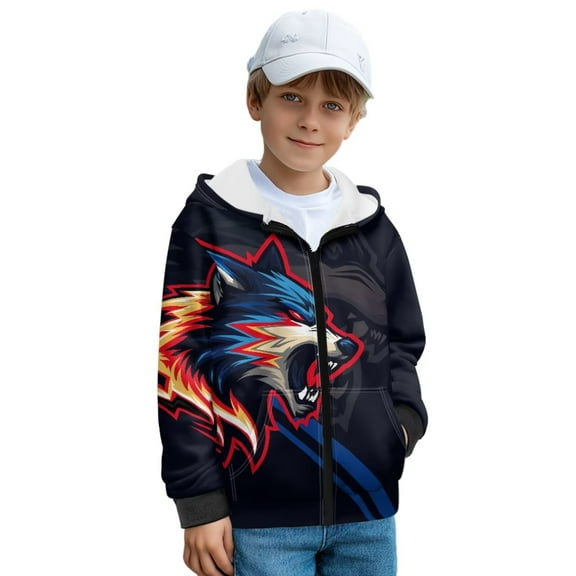 FUIALDOLG Zip Up Hoodies for Boys Wolf Pattern Polyester Cozy Winter Jacket Sweatshirts Hooded for Toddler Kids, Size S