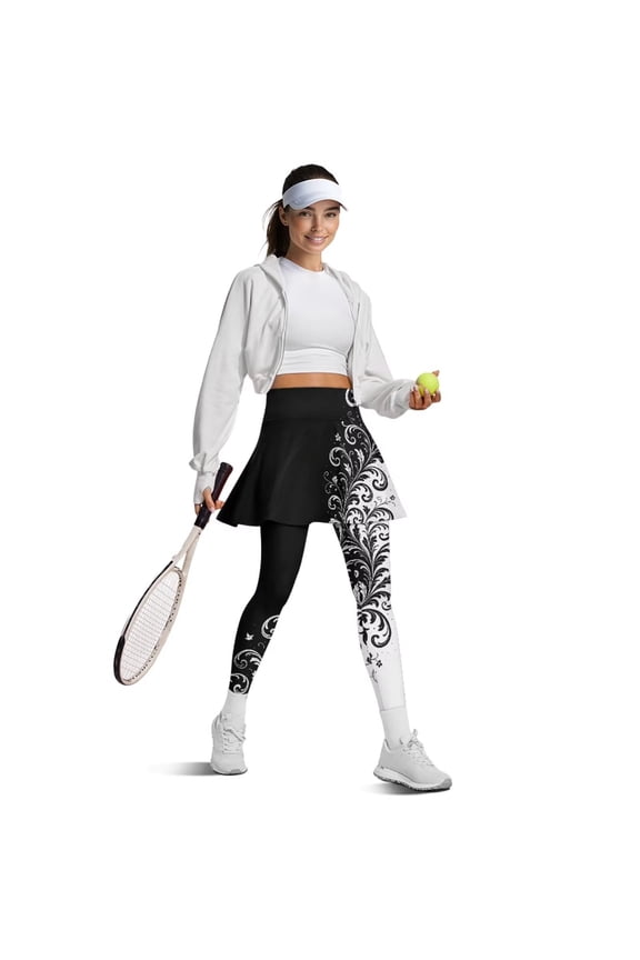 ento Black White Flower Tennis Skirted Leggings for Women Sport Leggings with Skirt Golf Pants High Waist Yoga Pants with Pocket Tummy Control Workout Trousers Athletic Clothing,Size XS