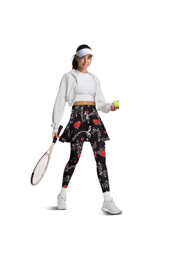 ento Women's Love Heart Skirted Leggings with Pockets Valentines Day Leggings Musical Notes Leggings for Yoga,Worko,Runing,Lady Golf Skapri with Skirt,Size L