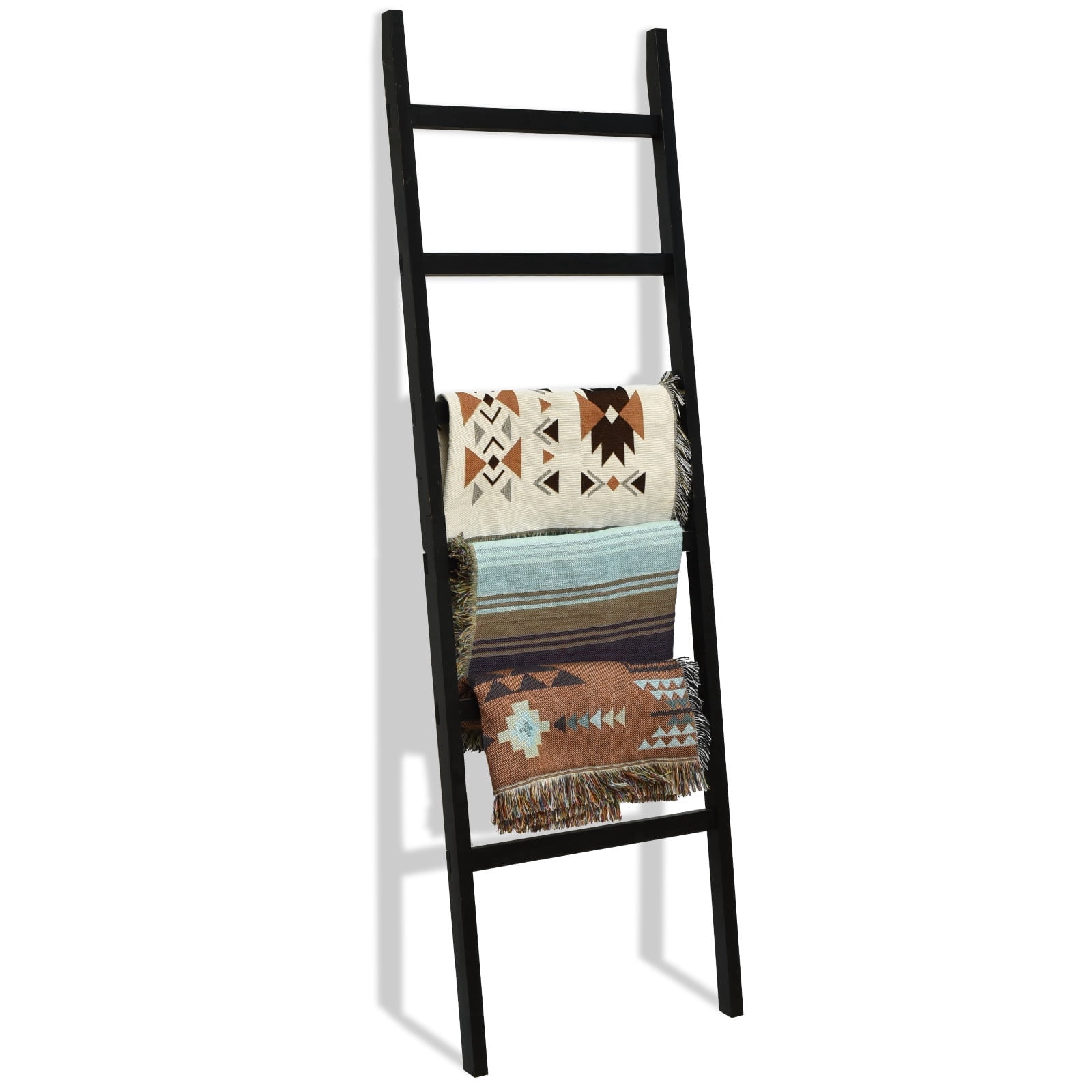 FUIN 6.4ft Extra Wide Wooden Blanket Ladder Living Room Decorative Farmhouse Quilt Display Holder Rustic Wood Towel Rack for Bathroom, Black, 24 inch wide
