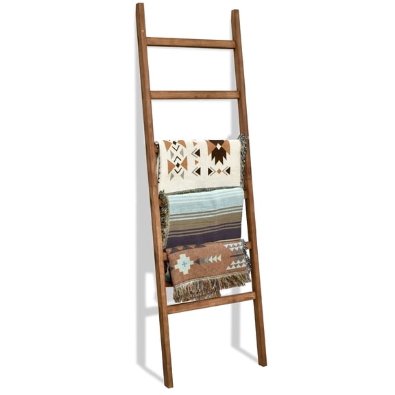 FUIN 6.4ft Extra Wide Wooden Blanket Ladder Living Room Decorative Wal Leaning Farmhouse Quilt Display Holder Rustic Wood Towel Rack for Bathroom, Brown, 24 inch wide