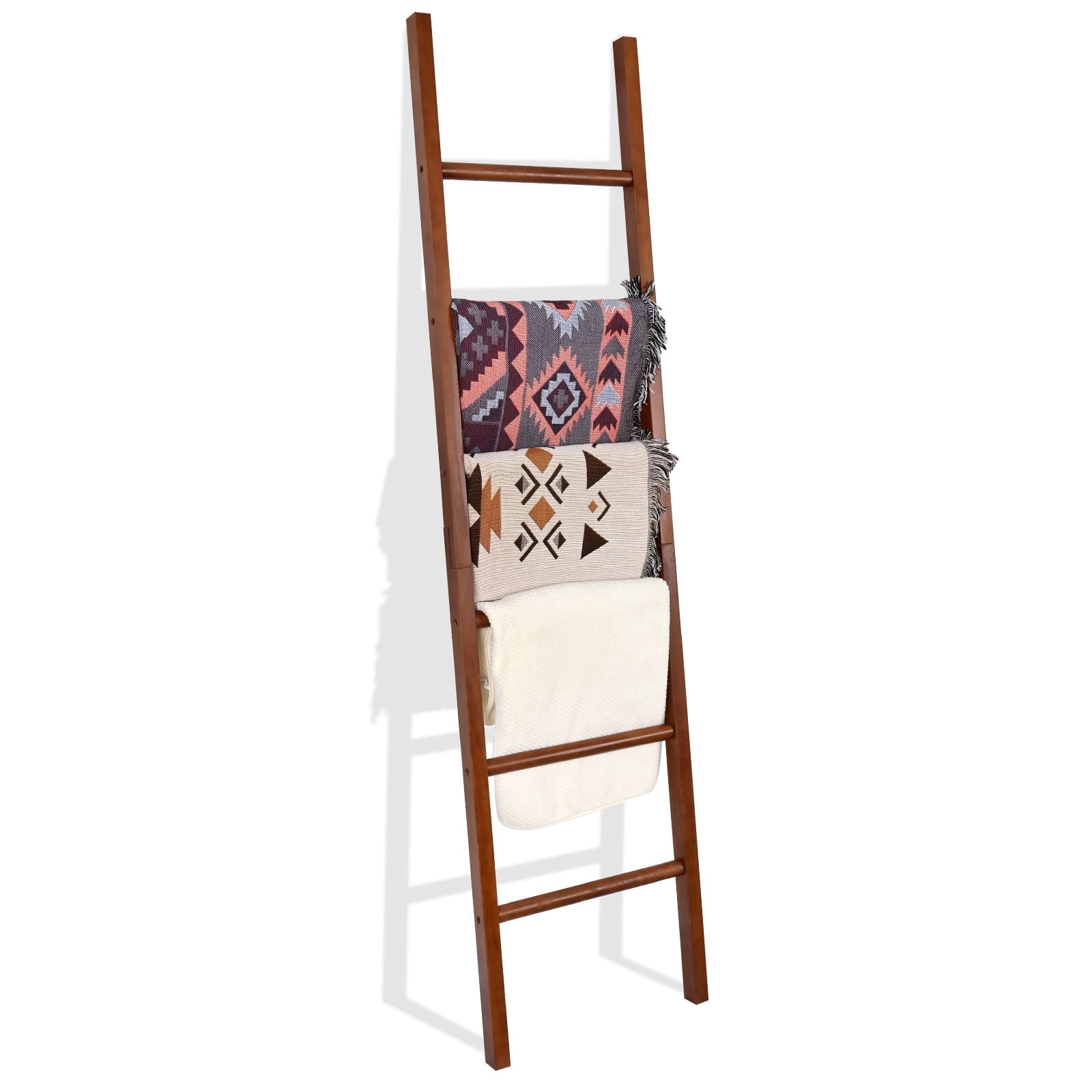 FUIN 6ft Wooden Blanket Ladder Living Room Decorative Wall Leaning Farmhouse Quilt Display Holder Rustic Wood Towel Rack for Bathroom, Brown