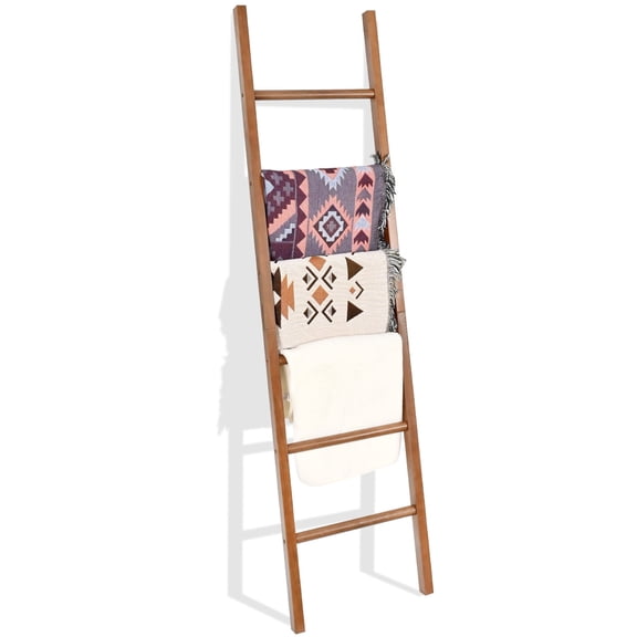 FUIN 6ft Wooden Blanket Ladder Living Room Decorative Wall Leaning Farmhouse Quilt Display Holder Rustic Wood Towel Rack for Bathroom, Natural