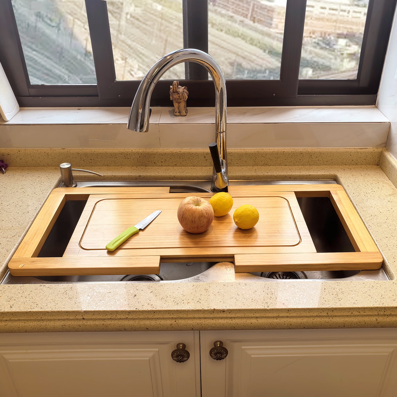 FUIN Expandable Wooden Over The Sink Cutting Board with Juice Groove for kitchen, Wood Kitchen Sink Cover Chopping Board for Counter Space