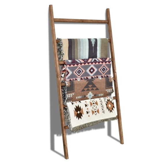FUIN Extra Wide 6.4ft Wooden Blanket Ladder Living Room Decorative Farmhouse Quilt Display Holder Rustic Wood Towel Rack for Bathroom, Brown, 38 inch wide