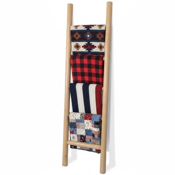 FUIN Fully Assembled 57in Wood Blanket Ladder Living Room Decorative Wall Leaning Farmhouse Quilt Display Holder Rustic Wooden Towel Rack for Bathroom, Brown