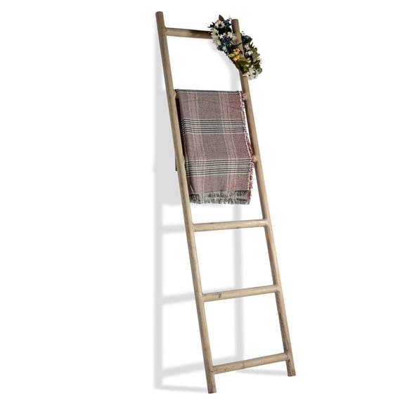FUIN Fully Assembled 6ft Wood Blanket Ladder Living Room Decorative Wall Leaning Farmhouse Quilt Display Holder Rustic Wooden Towel Rack for Bathroom, Natural & Graywashed