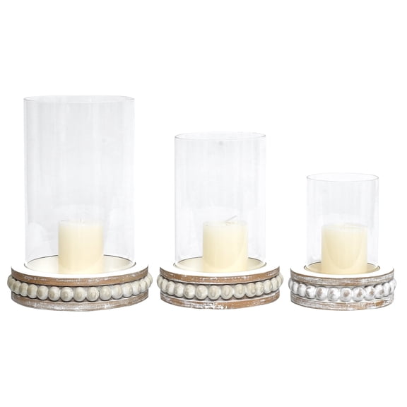 FUIN Glass Hurricane Candle Holders for Pillar Candles Set of 3, Farmhouse Rustic Distressed White Wood Beaded Base Centerpiece for Table