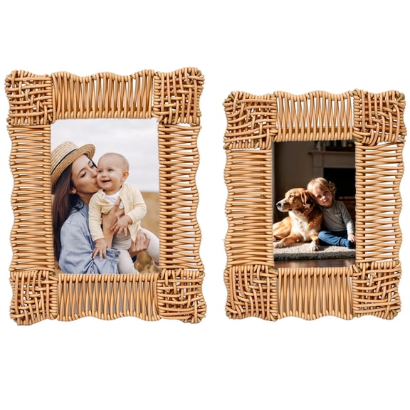 FUIN Rattan Picture Frame 5x7 & 4x6, Boho & Farmhouse Style Rattan Photo Frames Set of 2 - Faux Wicker, Small Picture Frames with HD Glass for Desk, Tabletop Display, Gift for Mom Grandma