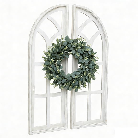 FUIN Set of 2 Cathedral Arch Window Frame Wall Decor - 36" Large Rustic Farmhouse Wood Wall Art - Distressed White Architectural Hanging for Living Room, Entryway & Mantel (Glassless Design)