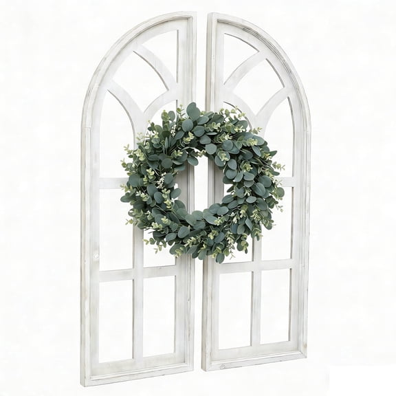 FUIN Set of 2 Cathedral Arch Window Frame Wall Decor, 36" Large Rustic Farmhouse Wood Art, Distressed White Glassless Design for Living Room