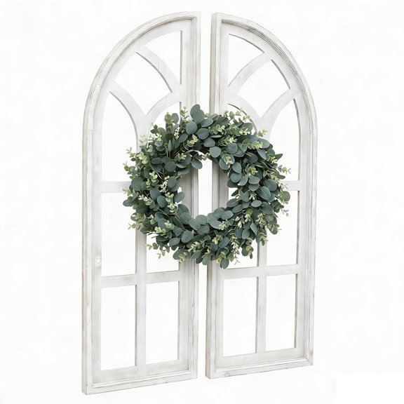 FUIN Set of 2 Cathedral Arch Window Frame Wall Decor, 36" Large Rustic Farmhouse Wood Art, Distressed White Glassless Design for Living Room