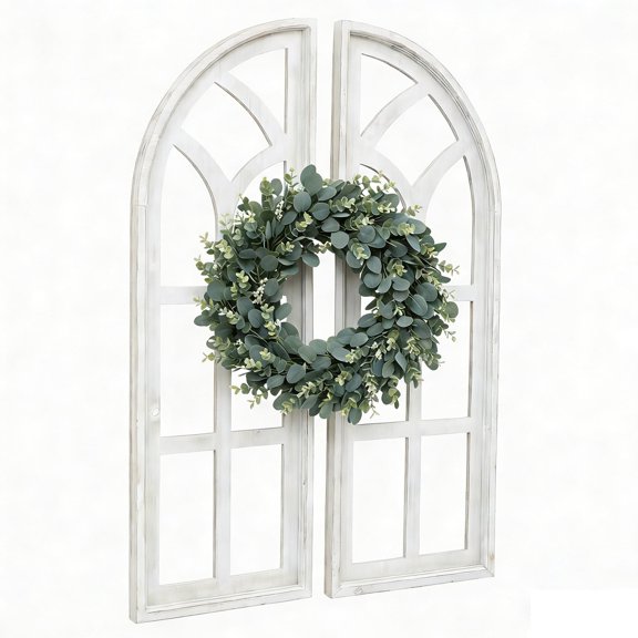 FUIN Set of 2 Cathedral Arch Window Frame Wall Decor, 36" Large Rustic Farmhouse Wood Art, Distressed White Glassless Design for Living Room