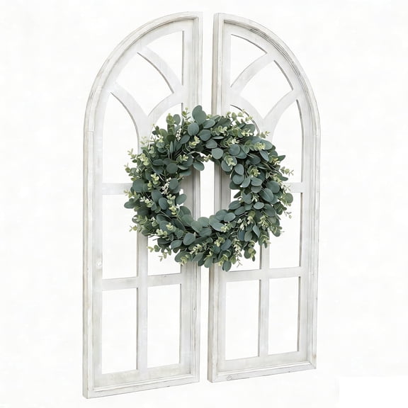 FUIN Set of 2 Cathedral Arch Window Frame Wall Decor, 36" Large Rustic Farmhouse Wood Art, Distressed White Glassless Design for Living Room