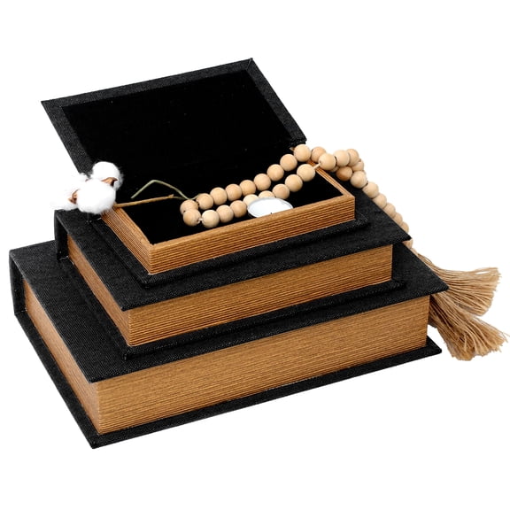 FUIN Set of 3 Modern Black Faux Linen Book Hidden Storage Boxes, Black