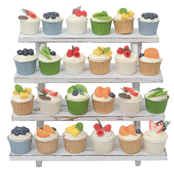 FUIN Wooden Rustic Cupcake Stand for 24 Cupcakes, Stepped Wood Display Stand for Weddings, Tiered Party Table Display Riser for Food , Dessert, Cookie, Decor, Craft Show, White