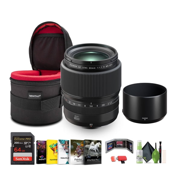 FUJIFILM GF 80mm f/1.7 R WR Lens (FUJIFILM-G) + Professional MC 3 Piece Filter Kit, 77mm UV/CPL/F + Memory card 64GB + Corel Photo, Video, & Art Suite Deluxe + 4.5 inch Lens Case + More