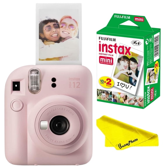 Fujifilm INSTAX MINI 12 Instant Film Camera with Fujifilm Instax Mini Twin Film Bundle (10 Sheets x 2 Packs), Cleaning Cloth, Pink