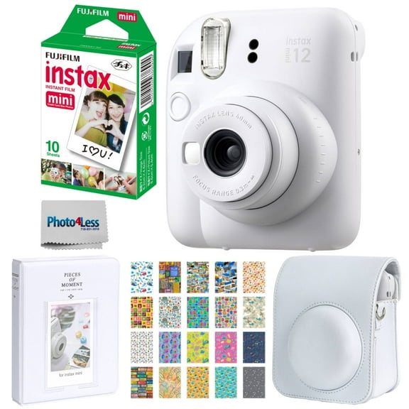 FUJIFILM INSTAX MINI 12 Instant Film Camera (Clay White) + Fuji Instax Instant Film Single Pack - 10 Prints + Protective Case - White + Photo Album - White + Travel Stickers - Bundle!