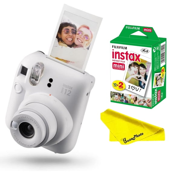 FUJIFILM INSTAX MINI 12 Instant Film Camera ( Clay White ) + Fujifilm Instax Mini Twin Film bundle ( 10 Sheets x 2 Packs ) + BuzzPhoto Cloth