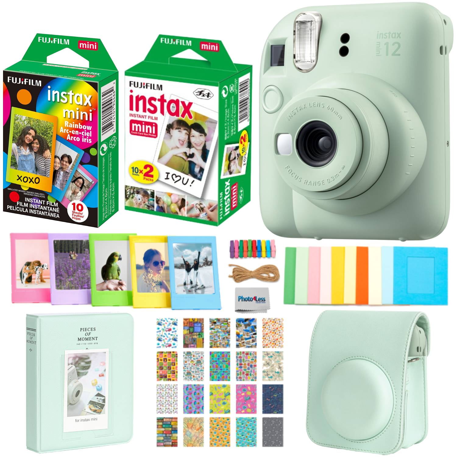  Fujifilm Mini 12 Instant Camera Starter Bundle: Includes Mini  Film Value Pack (60 Sheets) + 4 Pack AA Batteries + Lens Cleaning Cloth  (Mint Green) : Electronics